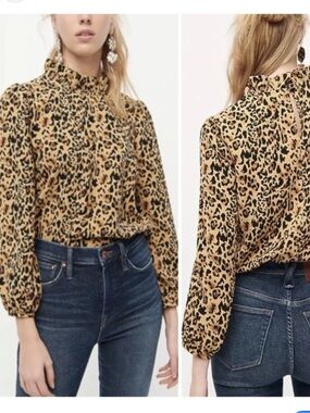 J.Crew Long Sleeve Ruffle Neck Blouse Top Leopard Animal Print Keyhole Sz L
